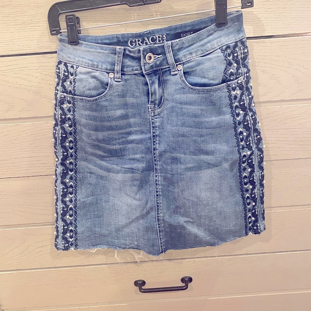 GRACE In LA Jean Skirt with Blue and White Embroidery and White Pearls